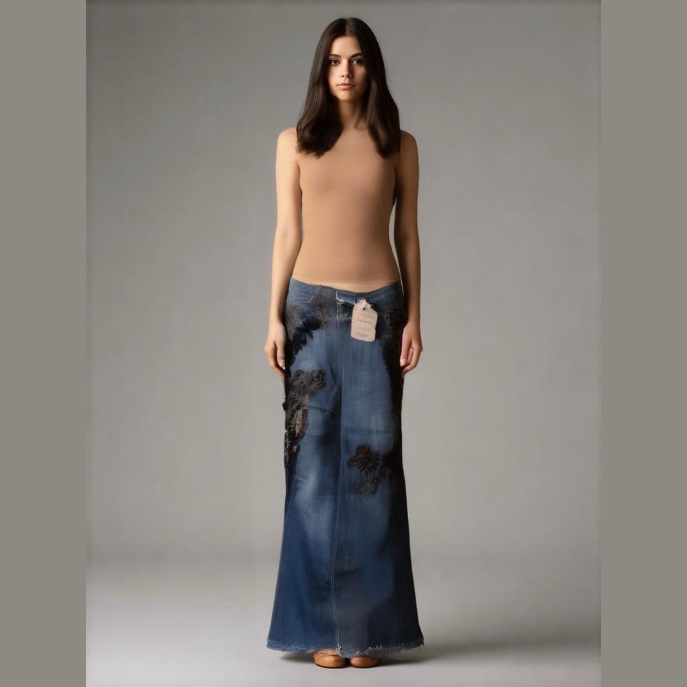 ❣️SOLD ❣️BEBE Lace Appliqué Long Gusset True Indigo Denim Skirt. Size 26. 40”L - Picture 1 of 17